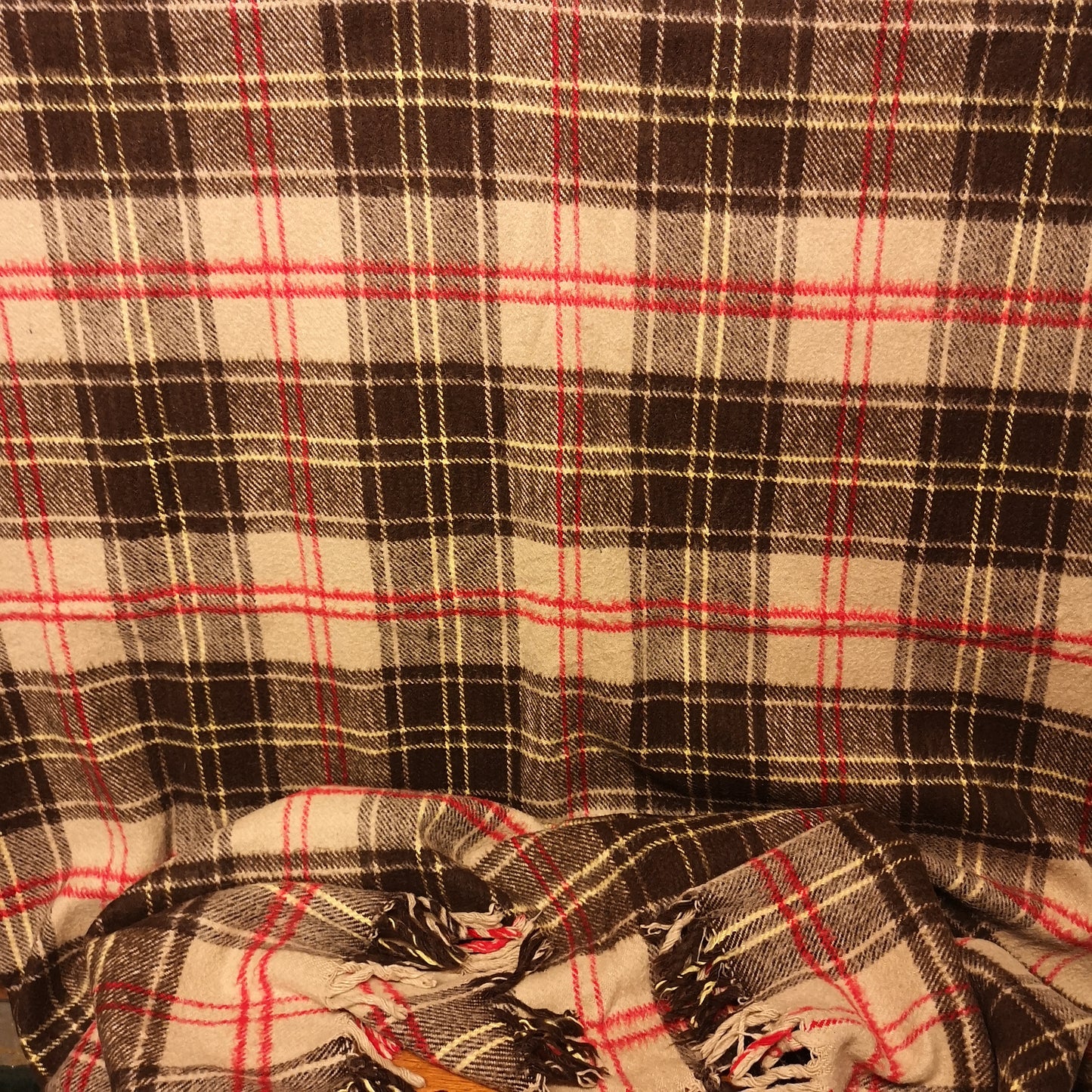 Retro Large Brown Red Checked Squares Double Blanket Campervan