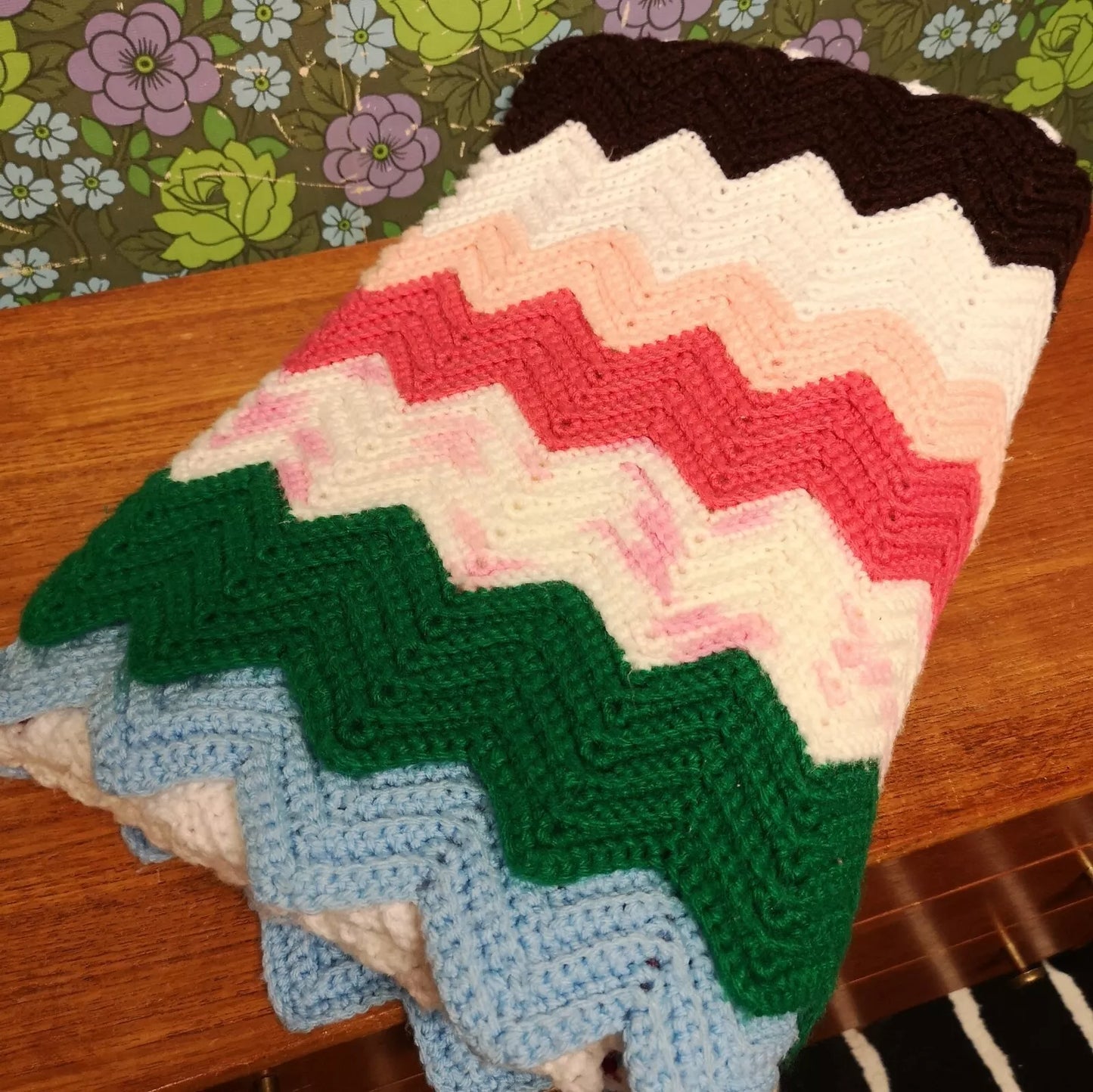 Long Bright Stripy Knitted Crochet Bed Runner Blanket Throw