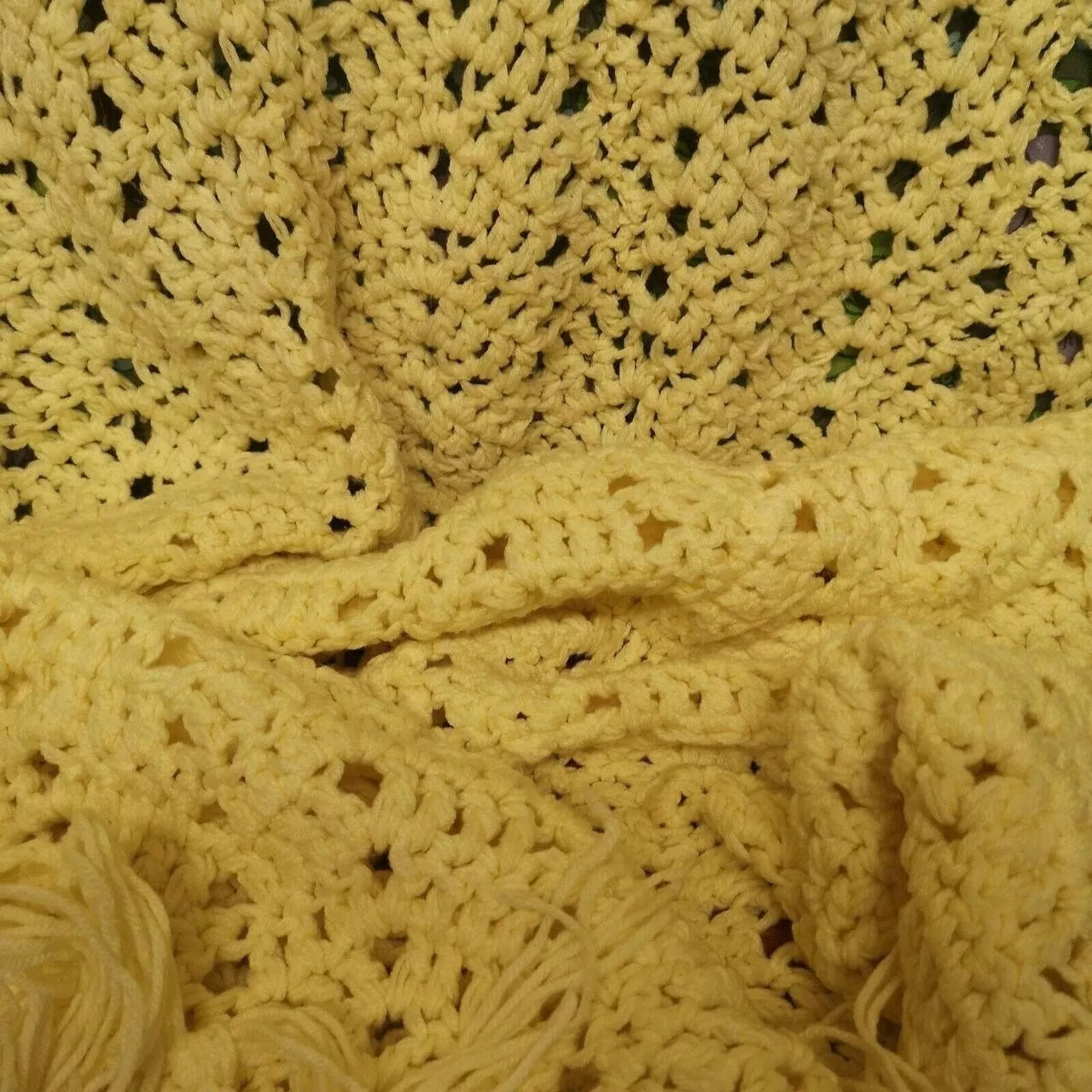 Vintage Yellow Tassels Knitted Crochet Wool Blanket Throw Bedspread