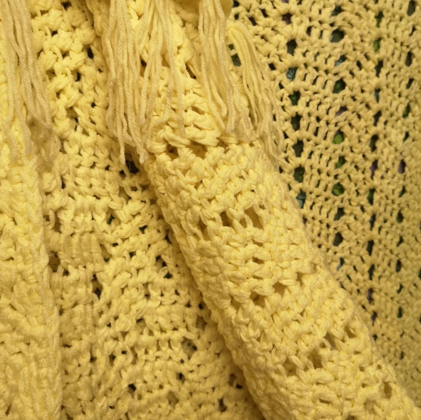 Vintage Yellow Tassels Knitted Crochet Wool Blanket Throw Bedspread