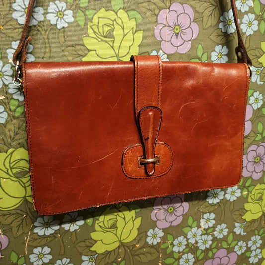 Vintage 60's 70's Brown Leather Satchel Shoulder Handbag