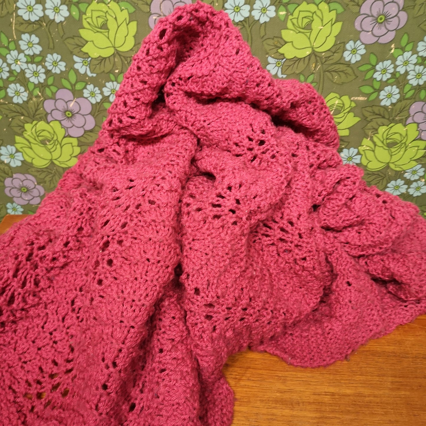 Vintage Pink Knitted Crochet Single Blanket Throw Bedspread