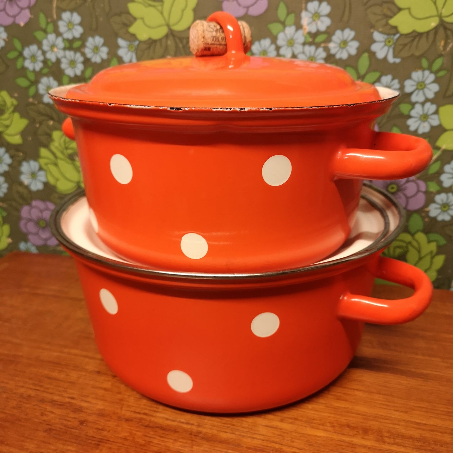 Vintage Bright Orange Enamel Polka Dot Saucepans Casserole Pots 9" & 10"