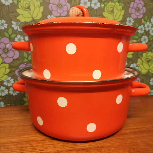 Vintage Bright Orange Enamel Polka Dot Saucepans Casserole Pots 9" & 10"