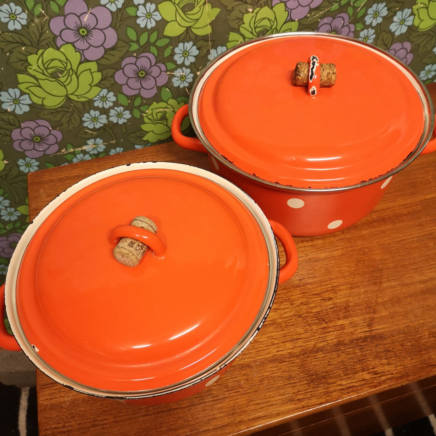 Vintage Bright Orange Enamel Polka Dot Saucepans Casserole Pots 9" & 10"