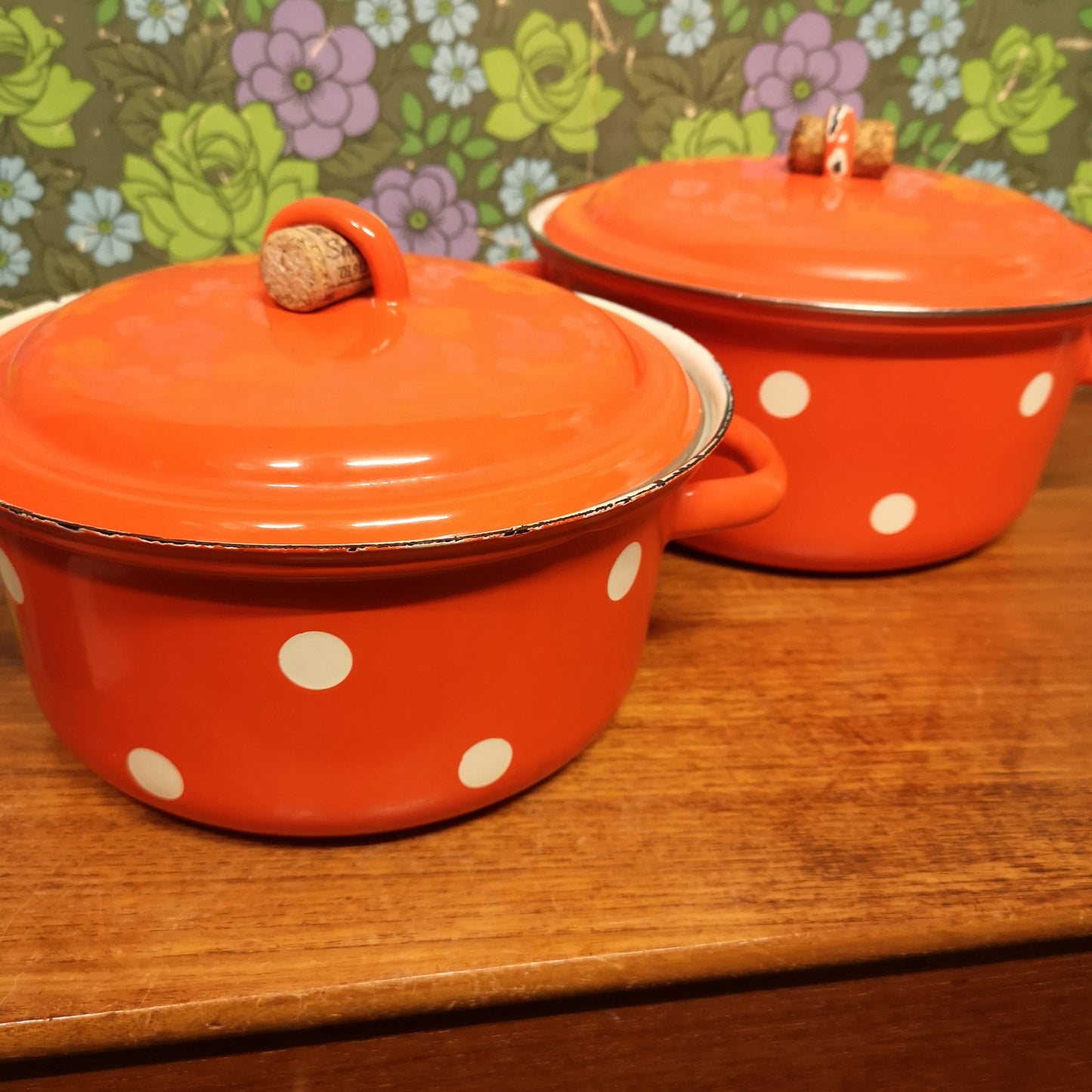 Vintage Bright Orange Enamel Polka Dot Saucepans Casserole Pots 9" & 10"