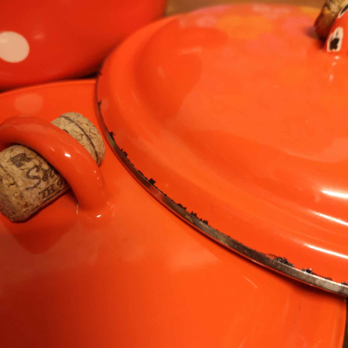 Vintage Bright Orange Enamel Polka Dot Saucepans Casserole Pots 9" & 10"