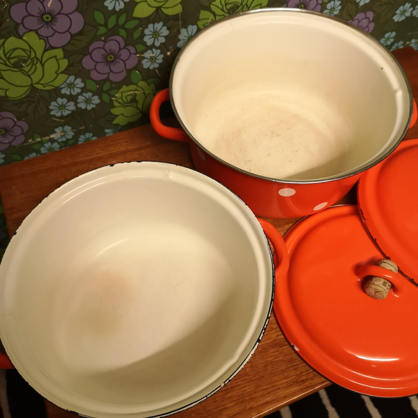 Vintage Bright Orange Enamel Polka Dot Saucepans Casserole Pots 9" & 10"