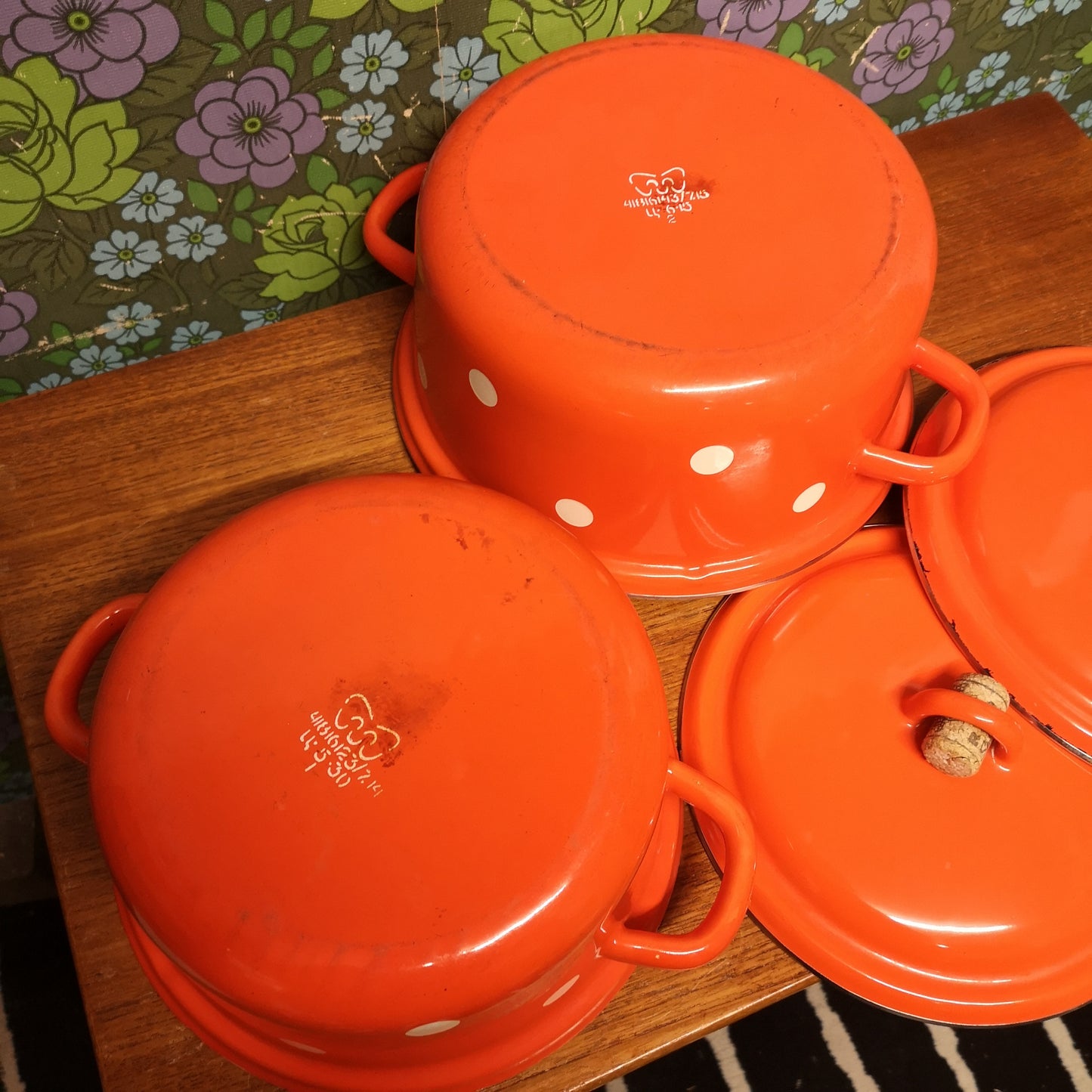 Vintage Bright Orange Enamel Polka Dot Saucepans Casserole Pots 9" & 10"