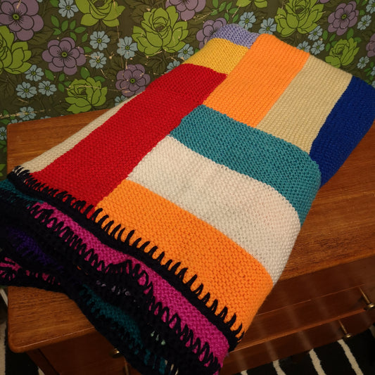 Bright Red Yellow Patchwork Granny Knitted Single Blanket Bedspread