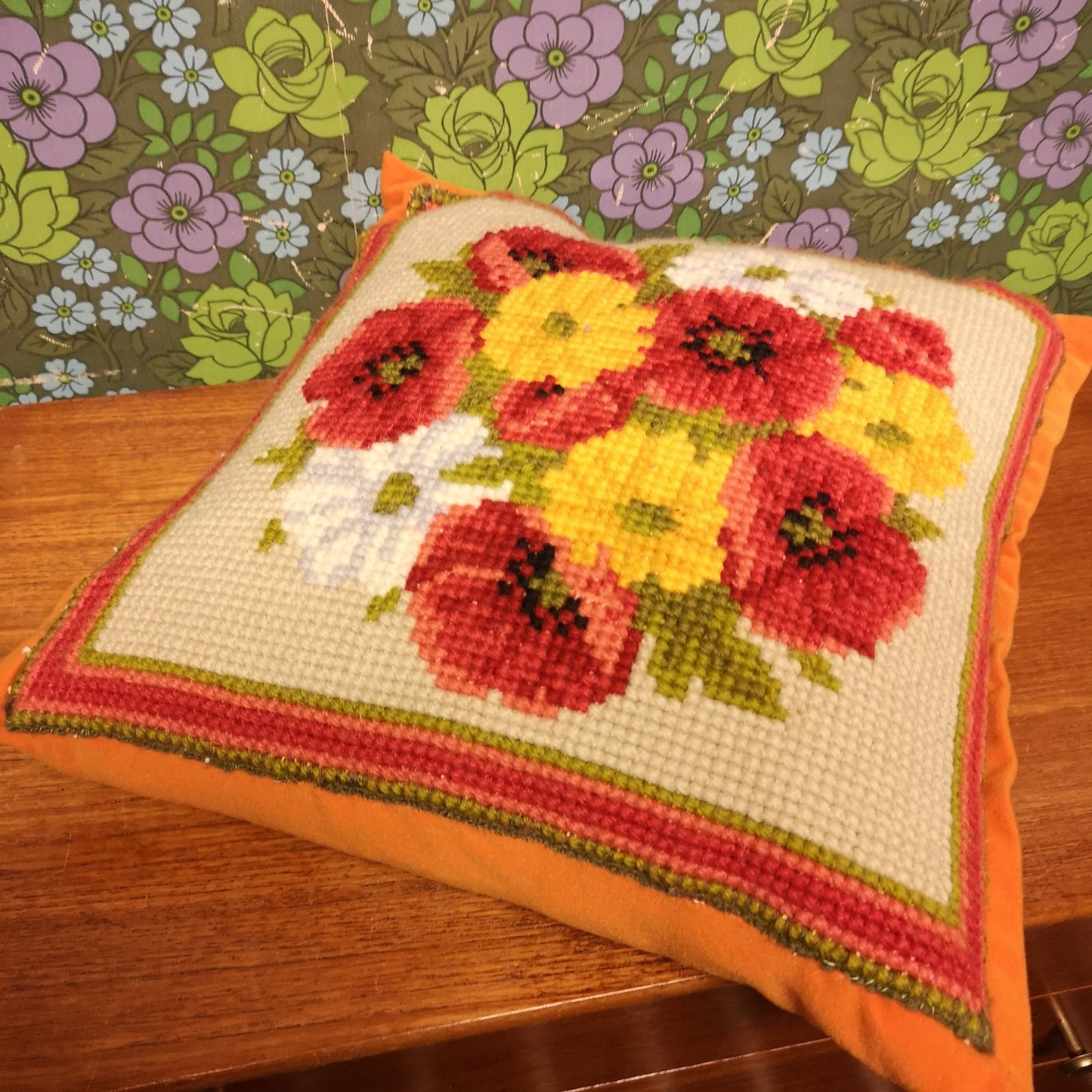 Vintage Tapestry Needlepoint Flowers Orange Retro Kitsch Cushion with Pad