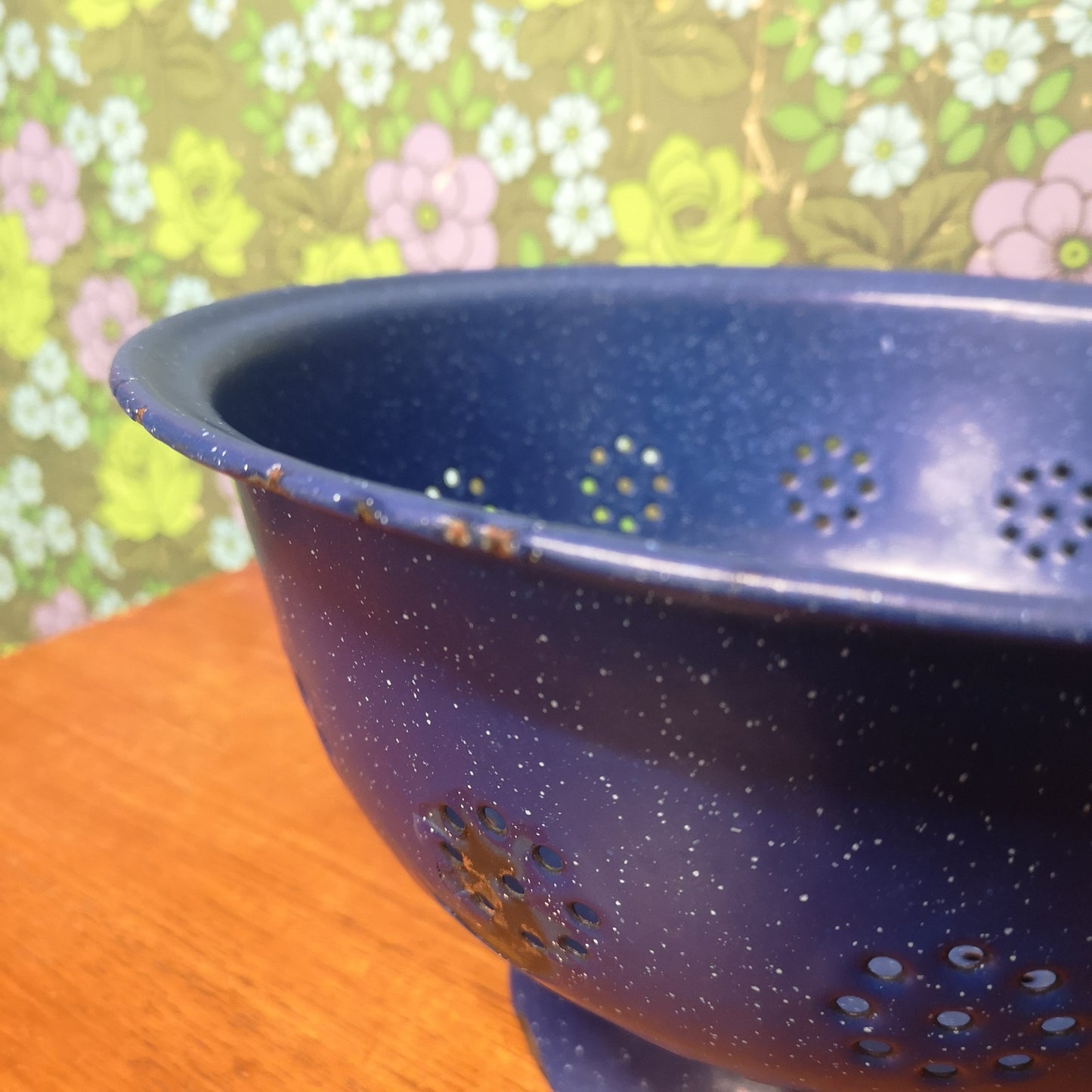 Huge Vintage Blue Enamel Colander Drainer