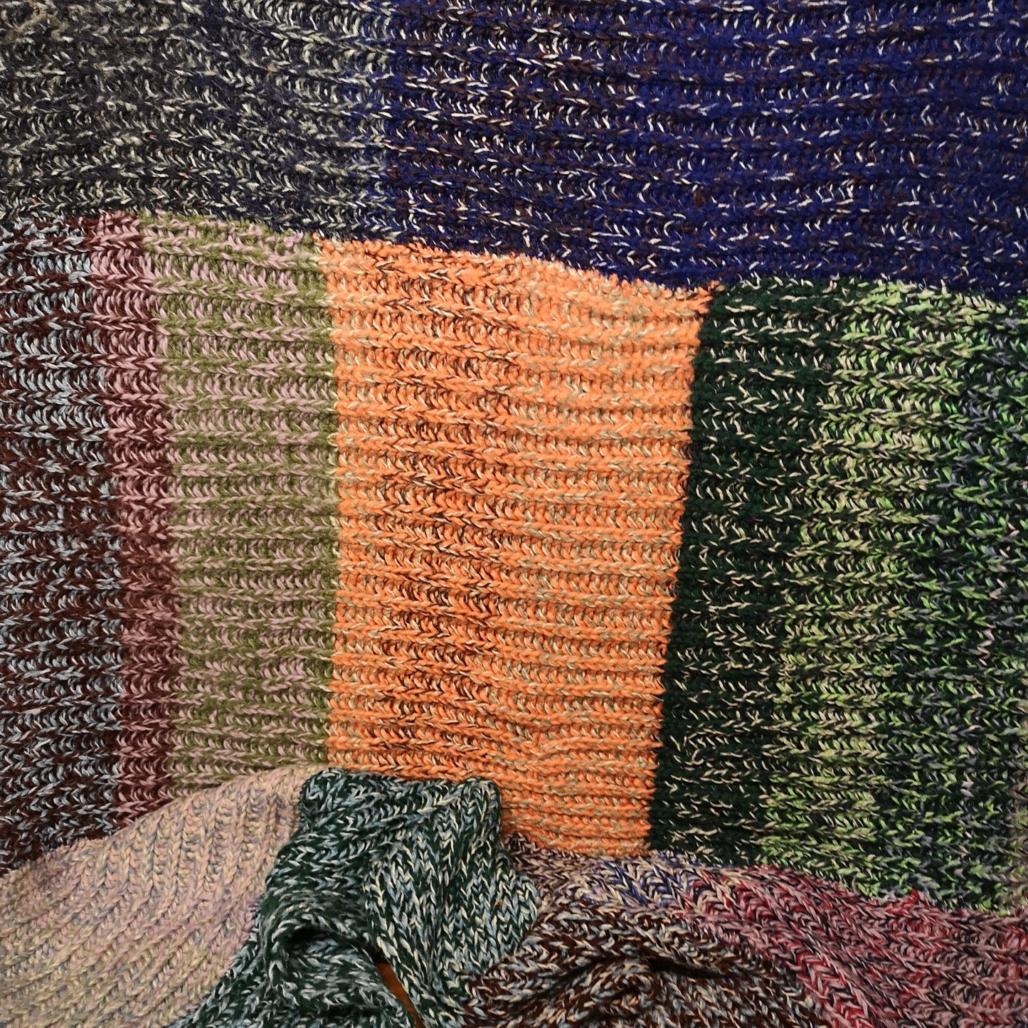 Chunky Green Orange Patchwork Knitted Wool Blanket