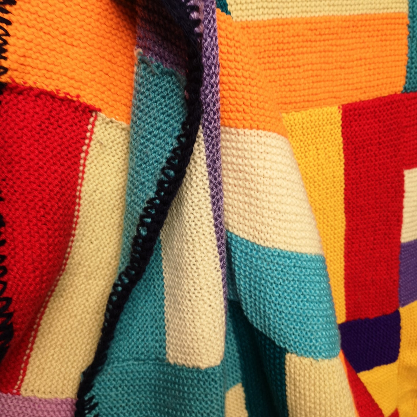 Bright Red Yellow Patchwork Granny Knitted Single Blanket Bedspread