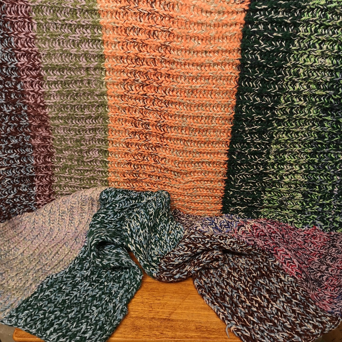 Chunky Green Orange Patchwork Knitted Wool Blanket