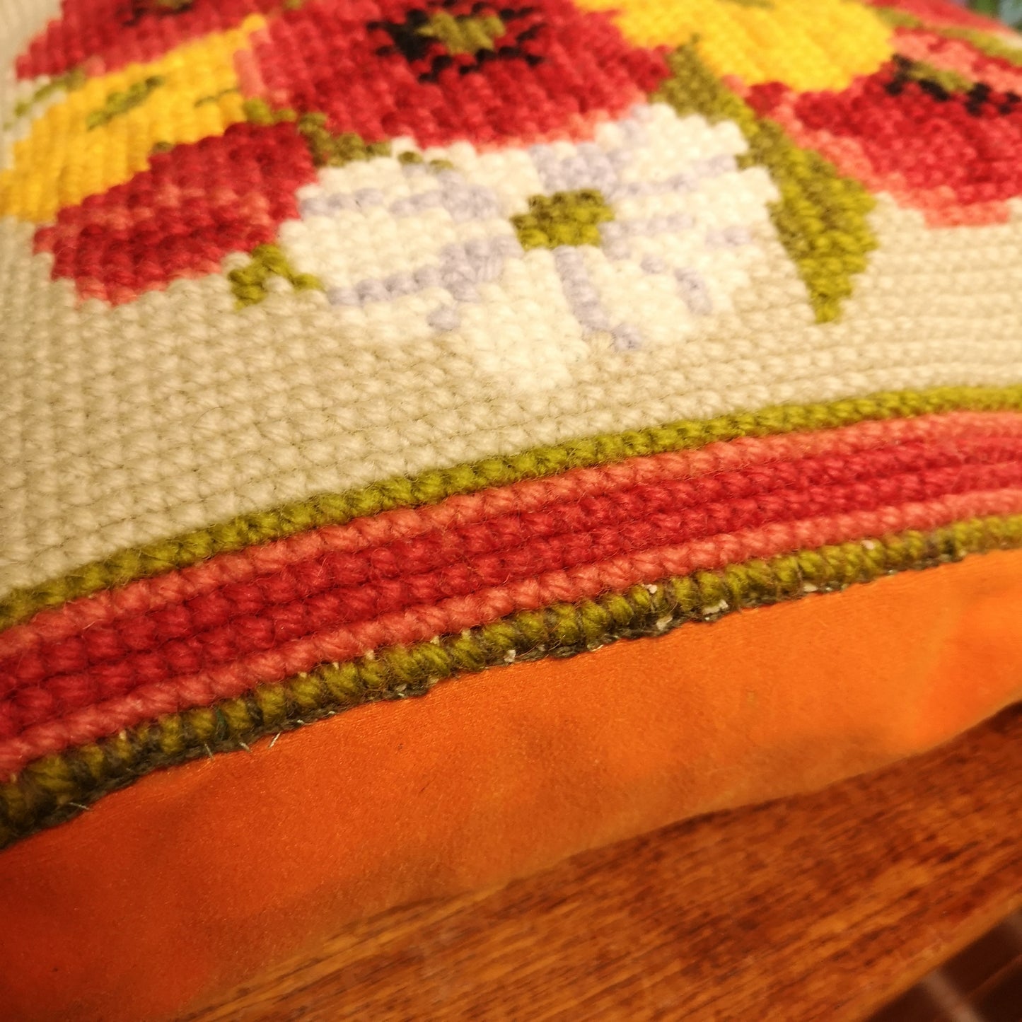 Vintage Tapestry Needlepoint Flowers Orange Retro Kitsch Cushion with Pad