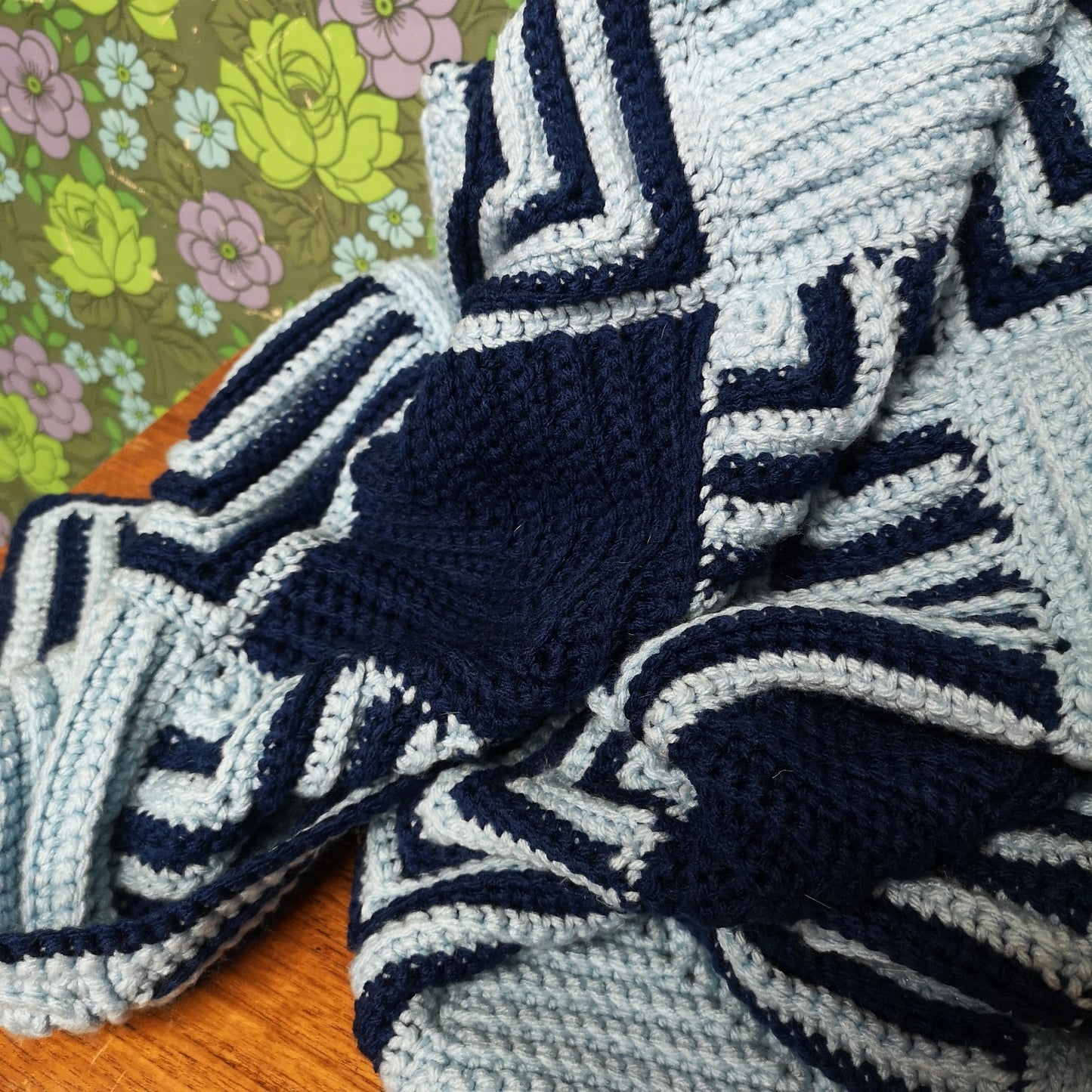 Blue Granny Squares Patchwork knitted Blanket Throw
