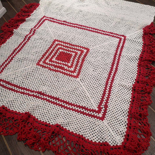 Red White Bedspread Vintage Knitted Crochet Double Bed Blanket Throw