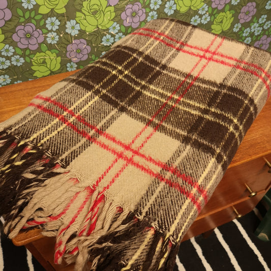 Retro Large Brown Red Checked Squares Double Blanket Campervan