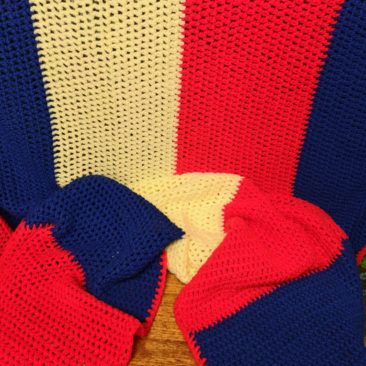 Large Blue Red Yellow Stripy knitted Blanket Bedspread