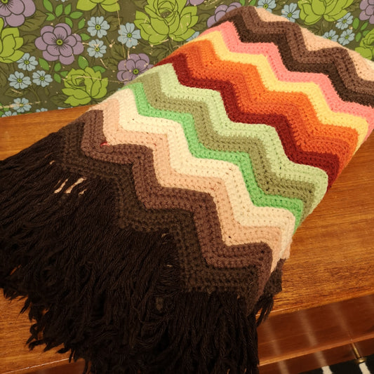 Retro Orange Green Zig Zag Stripy Fringed Single Knitted Blanket Bedspread Throw