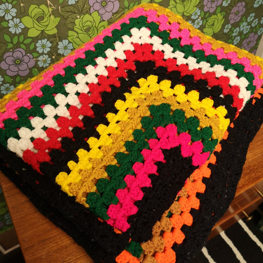 Bright Retro Stripy Knitted Granny Single Blanket Bedspread