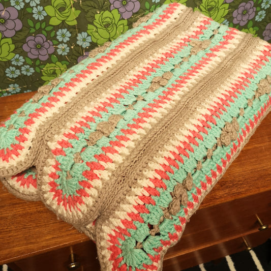 Stripy Knitted Green Pink Beige Texture Bedspread Blanket Throw