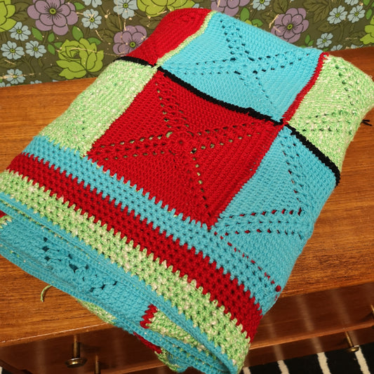 Granny Knitted Squares Patchwork Red Green Blue Single Bedspread