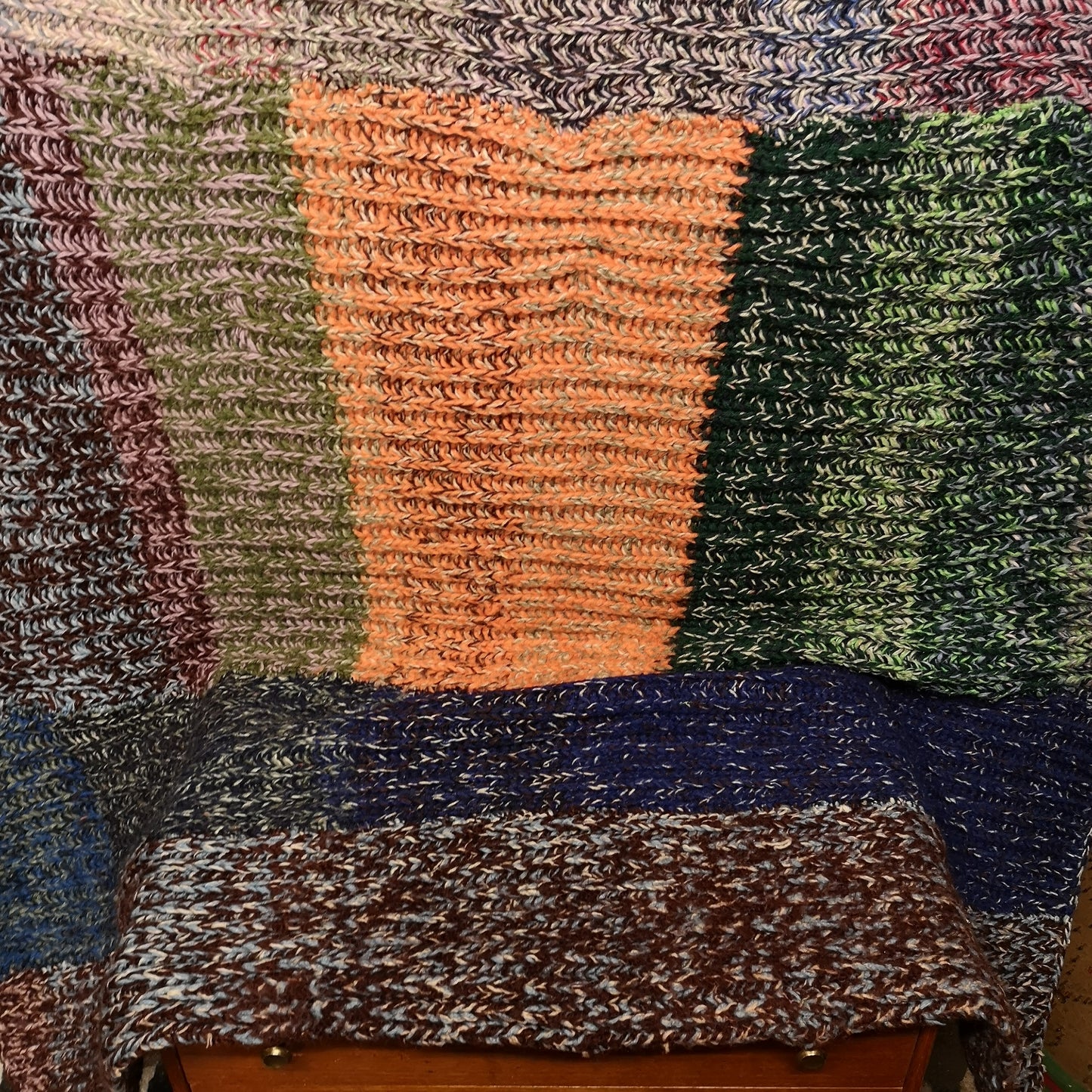 Chunky Green Orange Patchwork Knitted Wool Blanket