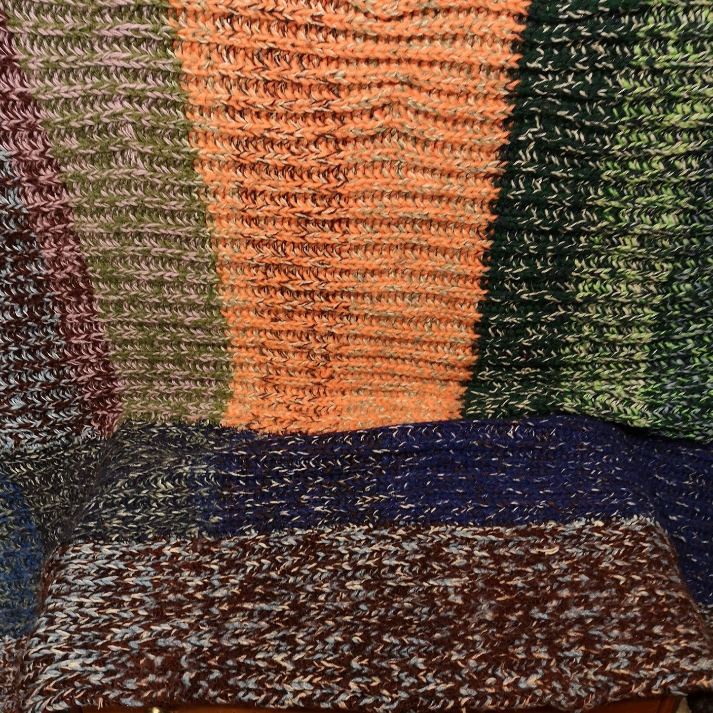 Chunky Green Orange Patchwork Knitted Wool Blanket