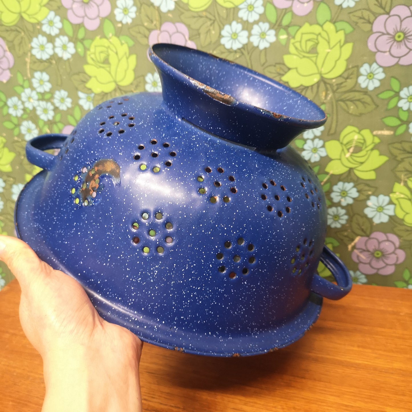 Huge Vintage Blue Enamel Colander Drainer