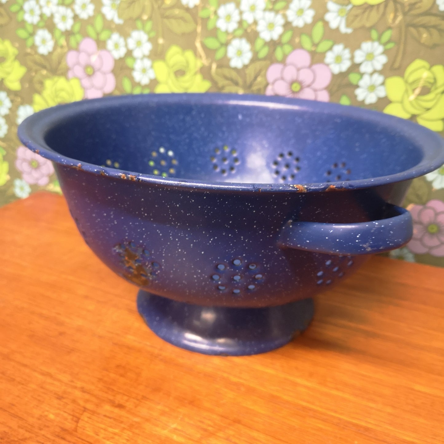 Huge Vintage Blue Enamel Colander Drainer