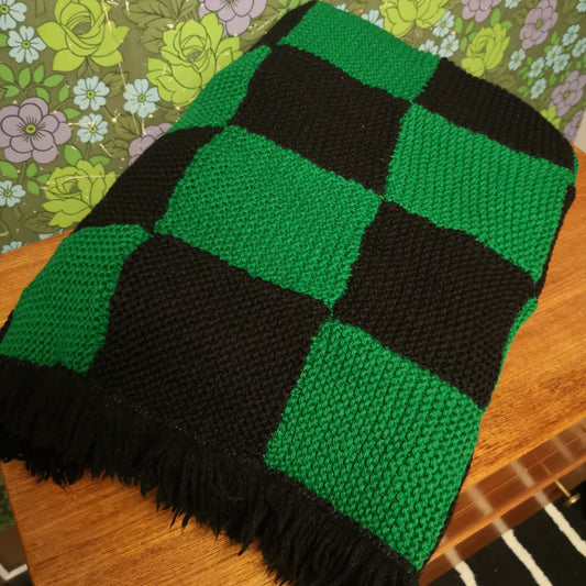 Green Black Checked Squares Patchwork Fringed Knitted Blanket