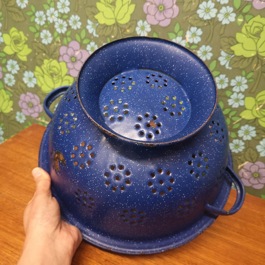 Huge Vintage Blue Enamel Colander Drainer