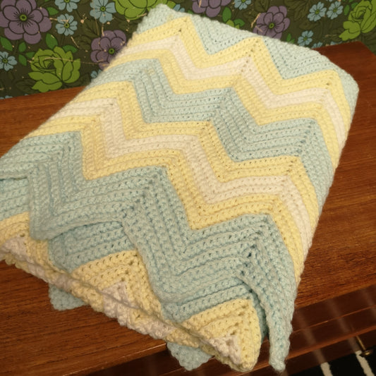 Pastel Blue Yellow Stripy Knitted Lap Blanket Throw