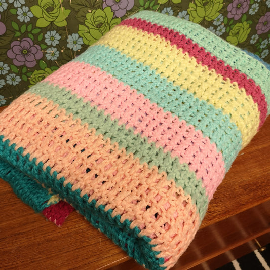 Bright Pastel Rainbow Stripes Knitted Blanket Bedspread