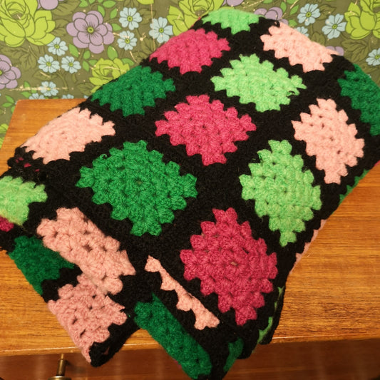 Pink Green granny Patchwork All Wool Knitted Crochet Single Blanket