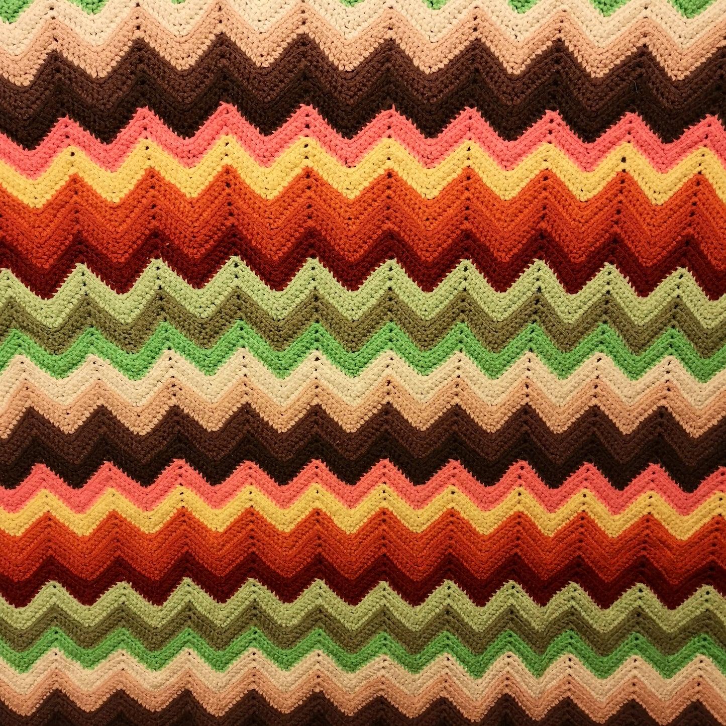 Retro Orange Green Zig Zag Stripy Fringed Single Knitted Blanket Bedspread Throw