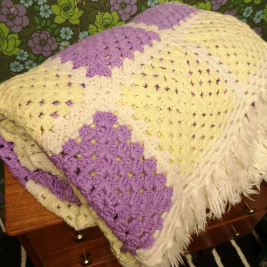 Purple Yellow Squares Afghan Knitted Fringed Blanket King Size Bedspread