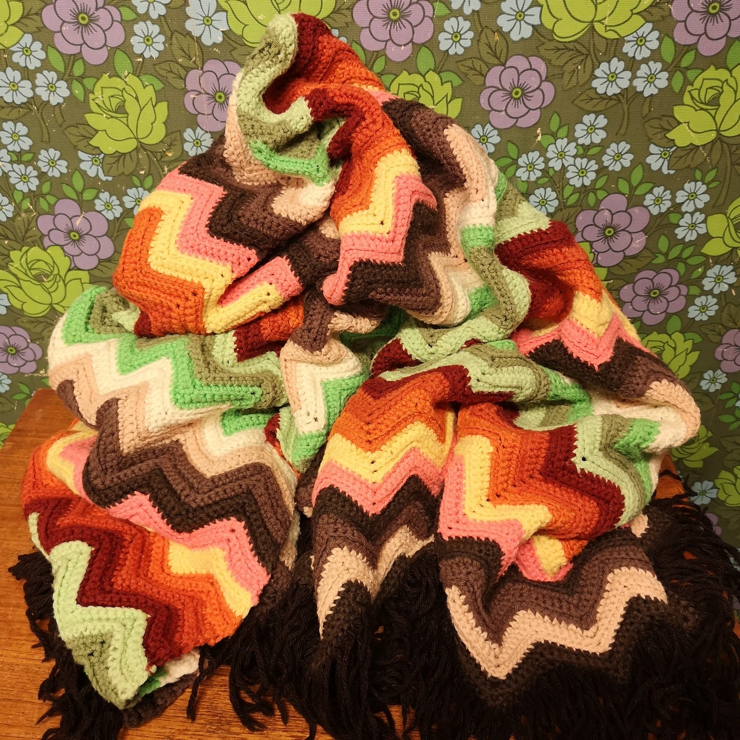 Retro Orange Green Zig Zag Stripy Fringed Single Knitted Blanket Bedspread Throw