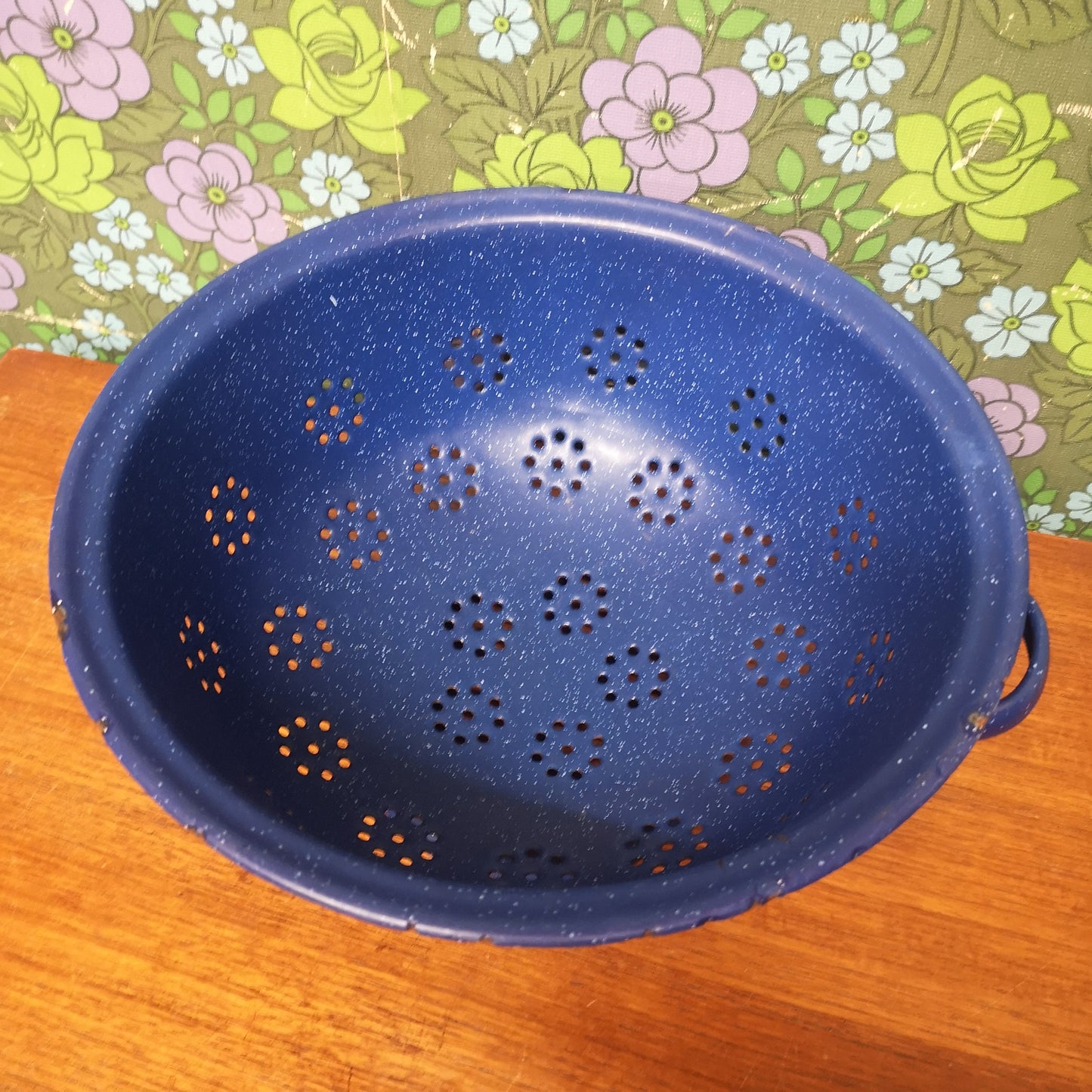 Huge Vintage Blue Enamel Colander Drainer