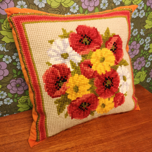 Vintage Tapestry Needlepoint Flowers Orange Retro Kitsch Cushion with Pad