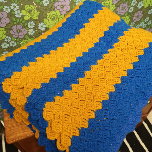 Large King-size Blue Gold Yellow Stripes Knitted Bedspread Blanket