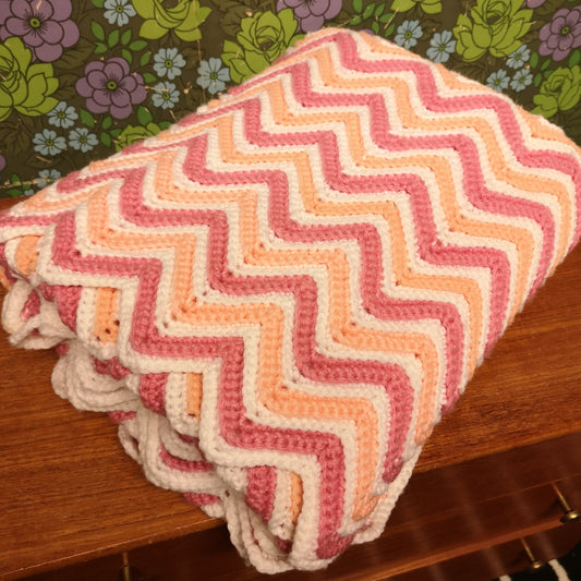 Pink Peach Stripy Zig Zag Knitted Single Blanket Bedspread