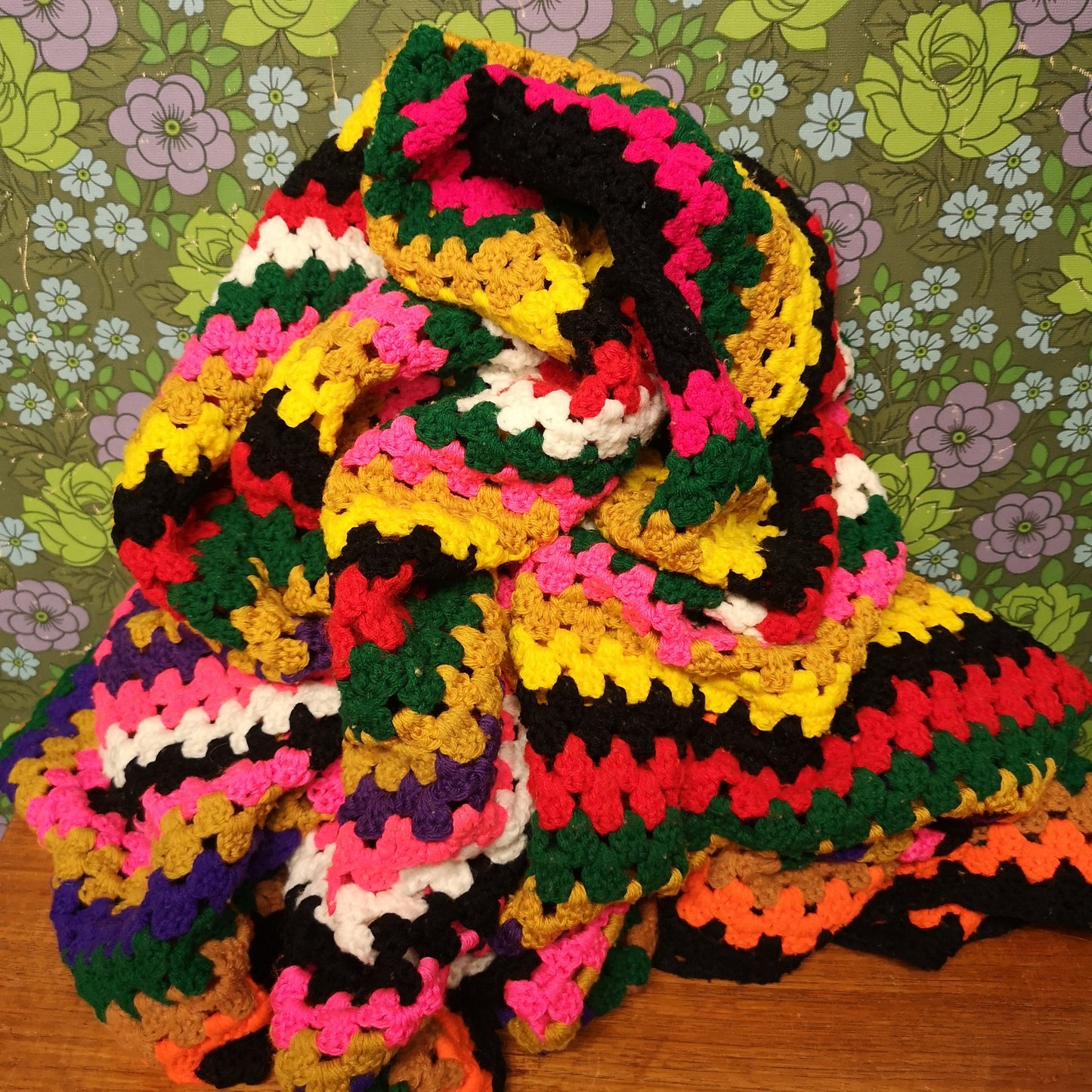 Bright Retro Stripy Knitted Granny Single Blanket Bedspread