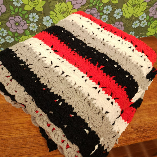 Grey Black Red Stripy Knitted Blanket Throw