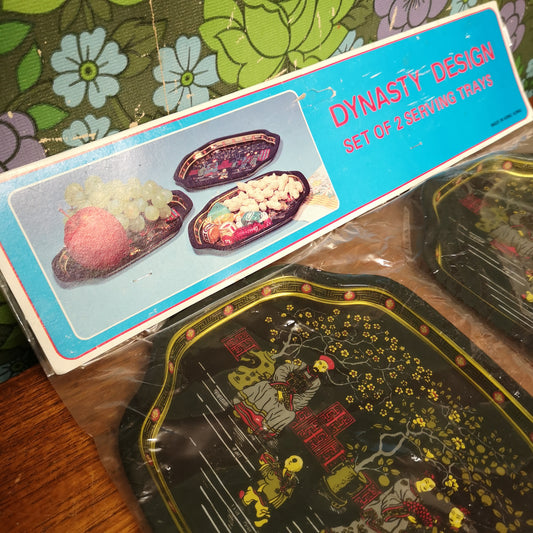 Set of Two Vintage Black Metal Tin Serving Plates Tray Dynasty