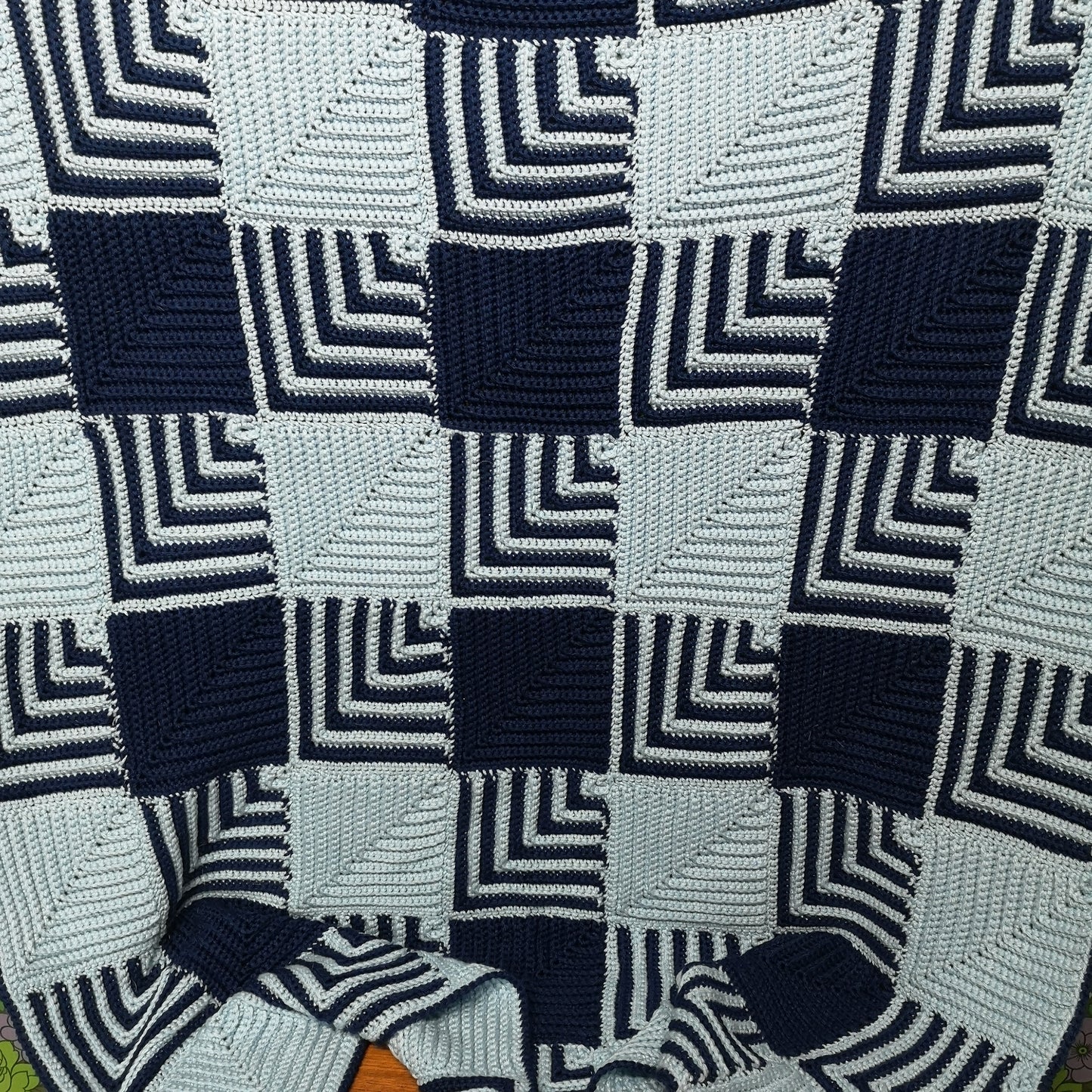 Blue Granny Squares Patchwork knitted Blanket Throw