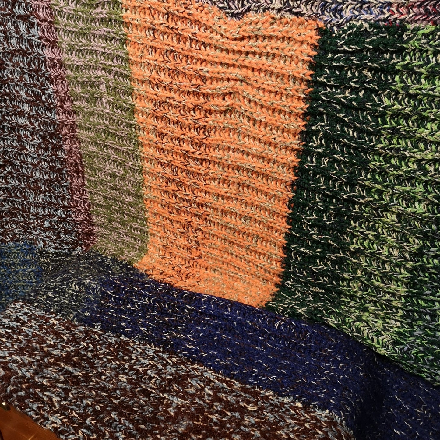 Chunky Green Orange Patchwork Knitted Wool Blanket