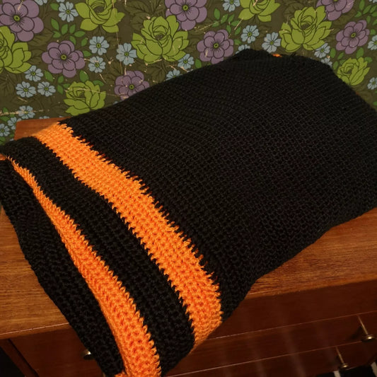 Black Orange Stripe Retro Knitted Crochet Single Double Blanket Throw Bedspread